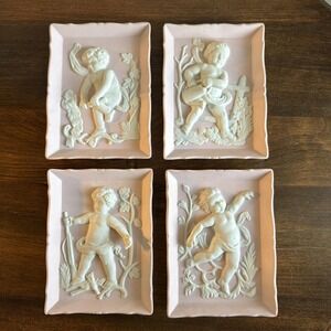 Full set of 4 Vintage Bisque wall plaques with white cherubs - Andrea by Sadek